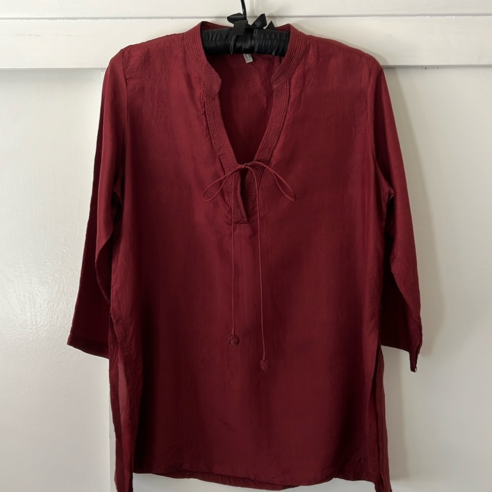Burgundy silk top with front tie neckline side slits